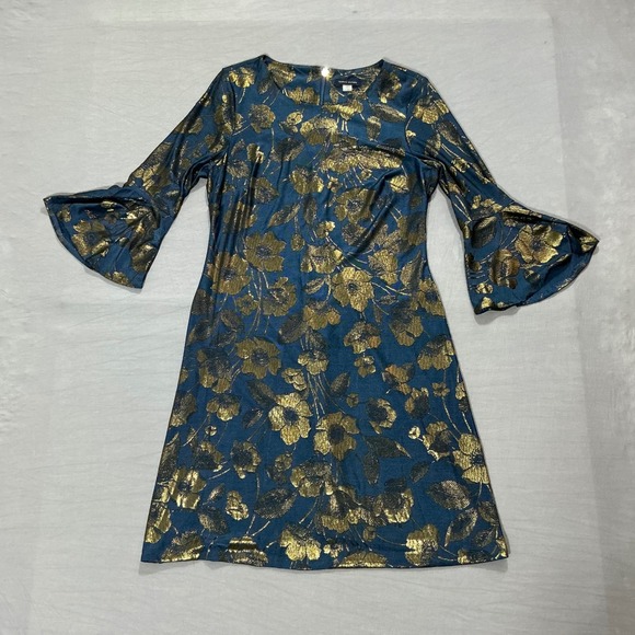 Tommy Hilfiger Dresses & Skirts - Tommy Hilfiger Teal Gold Metallic Floral Bell Sleeve Jacquard Shift Dress 10
